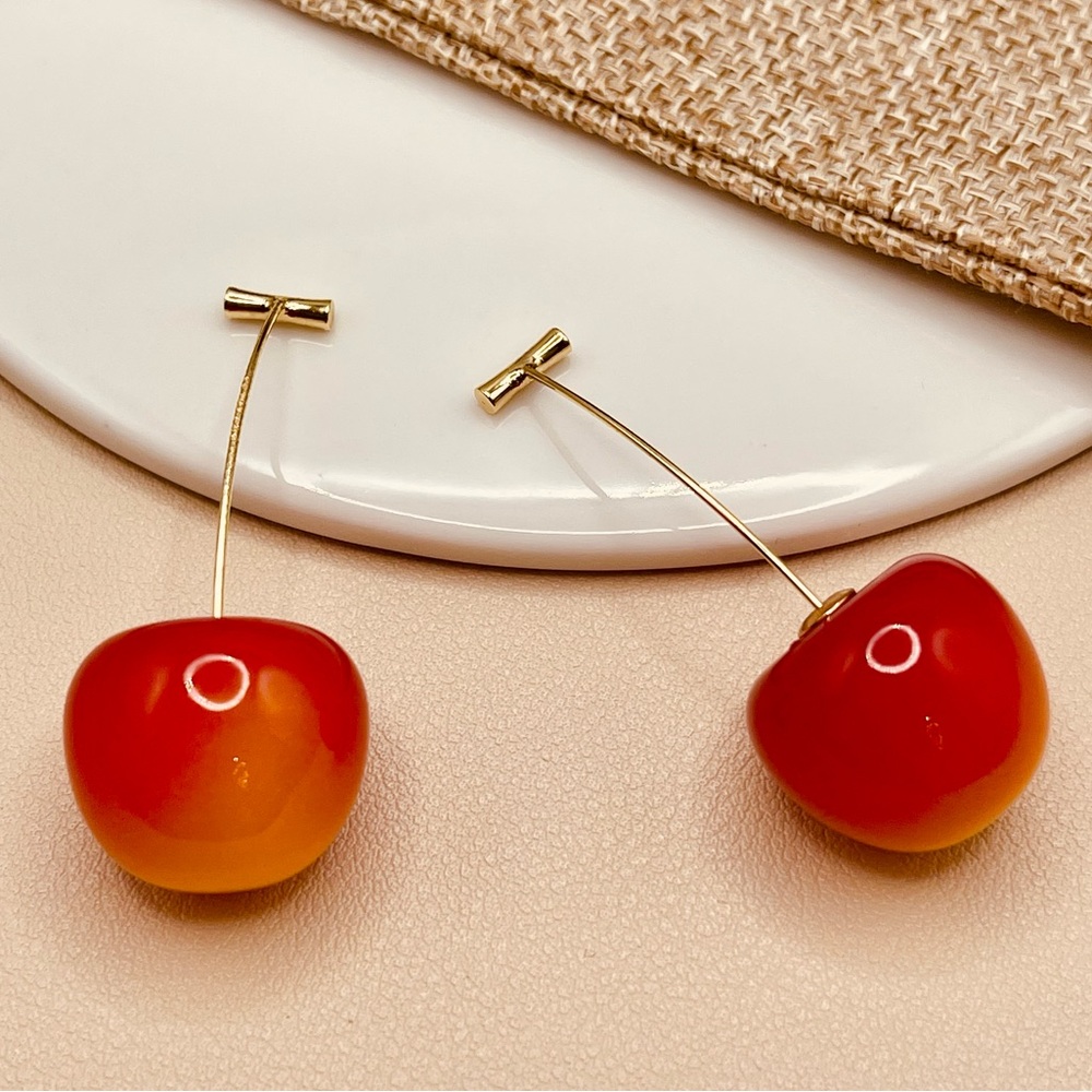 Elegant Red and Yellow Cherry Drop Design Threader Earrings